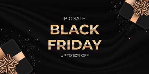Fototapeta na wymiar Black friday big sale banner with realistic black gifts boxes