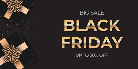 Fototapeta na wymiar Black friday big sale. realistic black gifts boxes with golden convetti.
