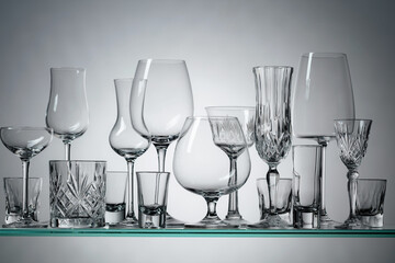 Different empty glasses on a glass shelf.