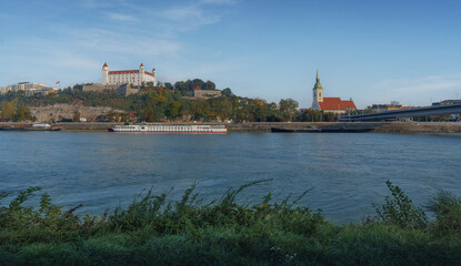 Fototapeta na wymiar Bratislava Skyline with Bratislava Castle and St. Martin Cathedral - Bratislava, Slovakia