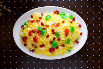Kashmiri Polao and biryani served in a dish isolated on table background top view of bangladesh food
