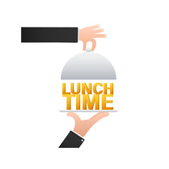 Flat icon with lunch time and hand with tray on white background for cover design. Vector icon.