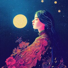 A girl with a cape of flowers on her shoulders against the background of the night sky and the moon. Fairy tale illustration.