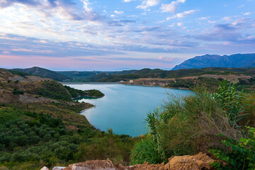 Christianoupolis dam water reservoir in Messenia, Greece. View of the dam, artificial lake.