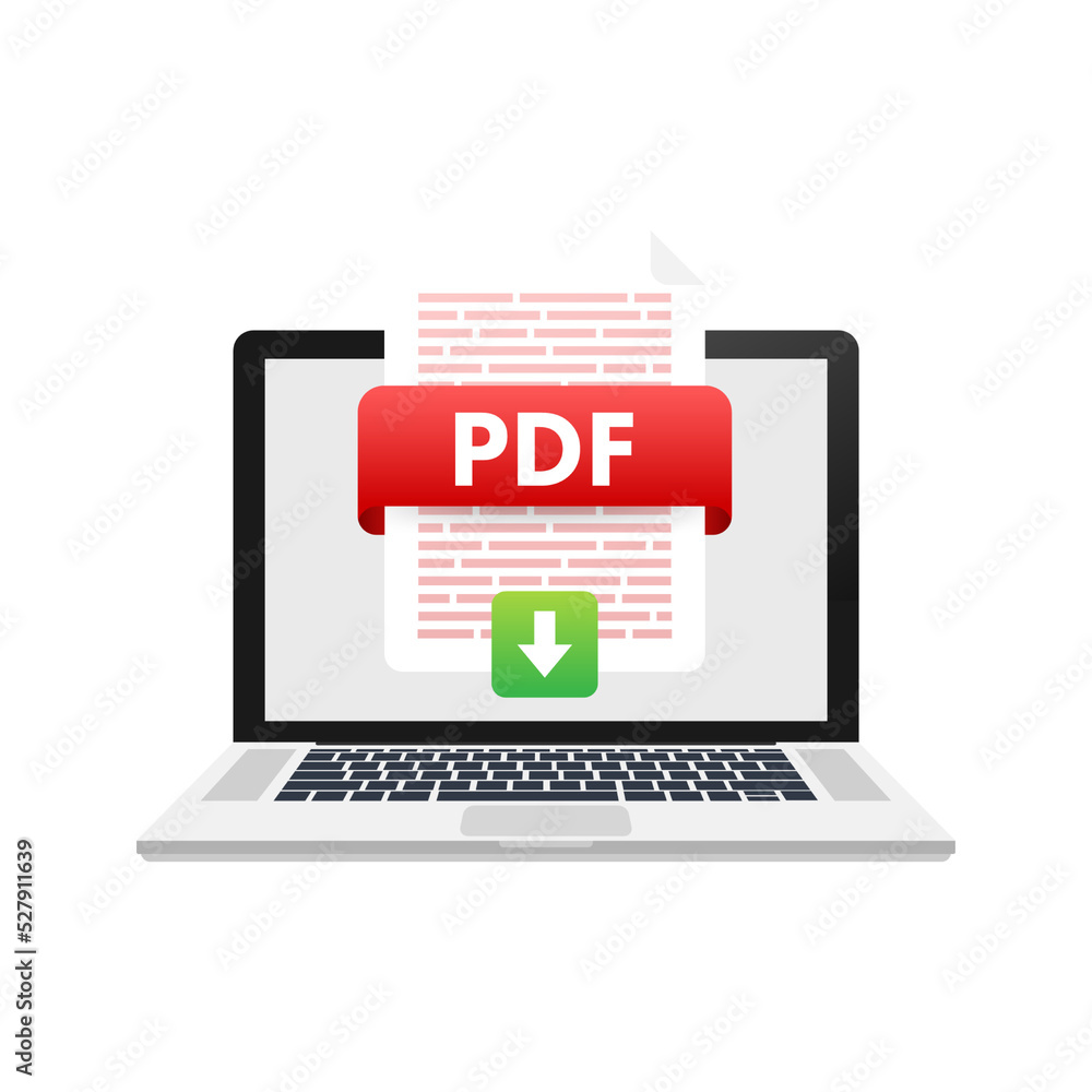 Poster Download PDF button. Downloading document concept. File with PDF label and down arrow sign. Vector illustration.