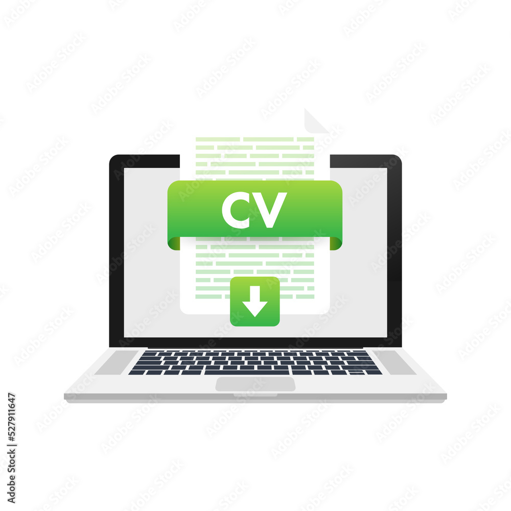 Poster download cv button. downloading document concept. file with cv label and down arrow sign. vector ill