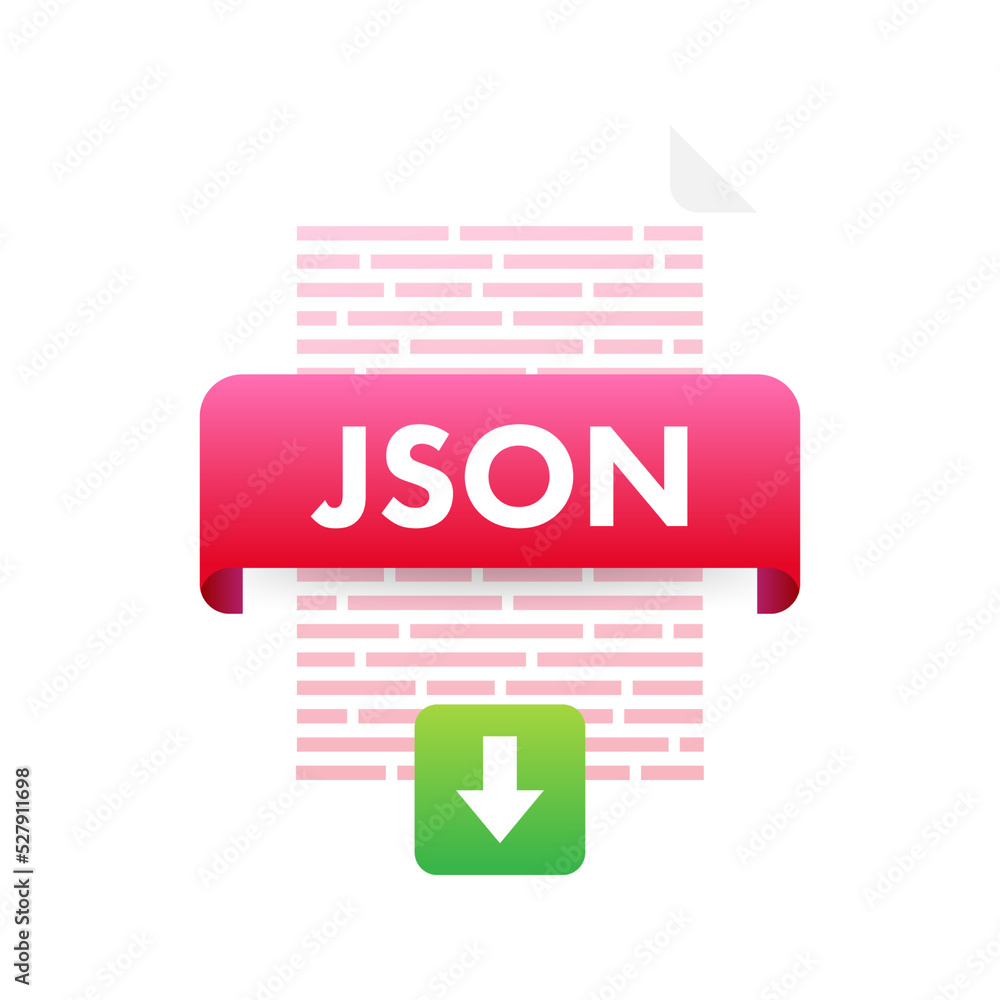 Poster download json button. downloading document concept. file with json label and down arrow sign. vector