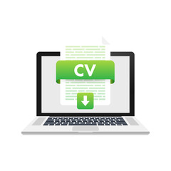 Download CV button. Downloading document concept. File with CV label and down arrow sign. Vector illustration.