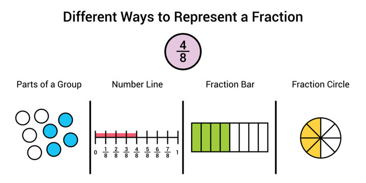 Different ways to represent a fraction in mathematics. Parts of group, number line, fraction bar and fraction circle of four eighths