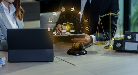 Concepts of Law and Legal services. Lawyer working with law interface icons.