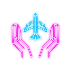Airplane hand neon icon, great design for any purposes. Hand drawn paper airplane. Continuous line drawing. Vector icon.