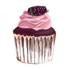 Blueberry Cupcake. Water colour hand draw illustration. Isolate on white background