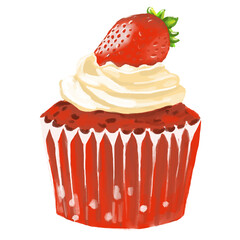 Strawberry Cupcake. Water colour hand draw illustration. Isolate on white background