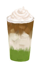 Latte Green tea. Water colour hand draw illustration. Isolate on white background