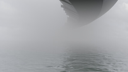 3D illustration of white fog, fog, with wavy water and a curved bridge above it, blurred background