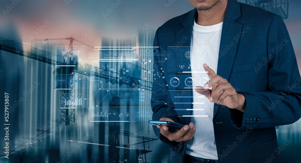 Fototapete future building construction engineering and technology project concept. double exposure graphic wit