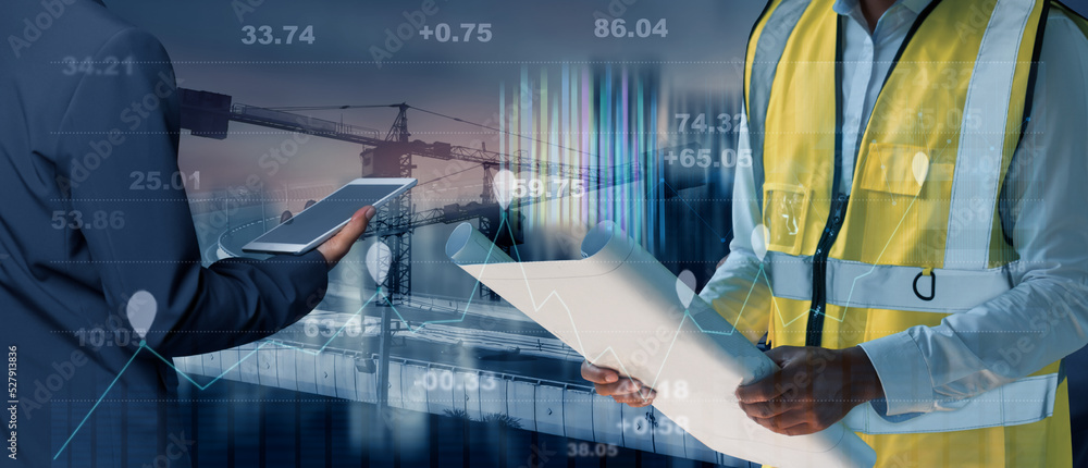 Fototapete future building construction engineering and technology project concept. double exposure graphic wit