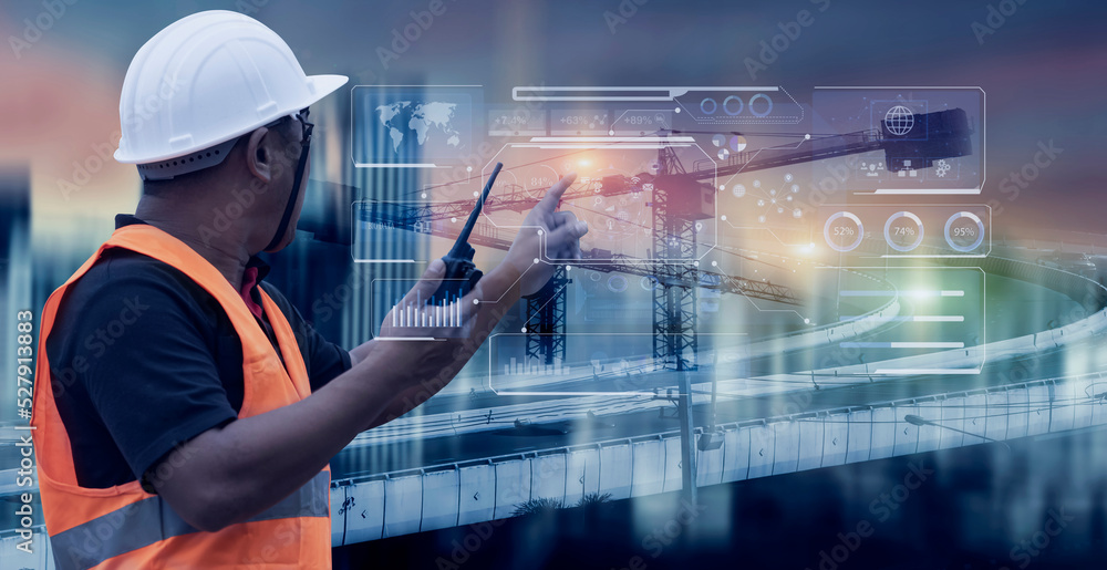 Fototapete future building construction engineering and technology project concept. double exposure graphic wit