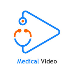 Telemedicina. Logo de v&iacute;deo m&eacute;dico. Atenci&oacute;n m&eacute;dica remota. Silueta de estetoscopio con forma de bot&oacute;n de reproducci&oacute;n con l&iacute;neas