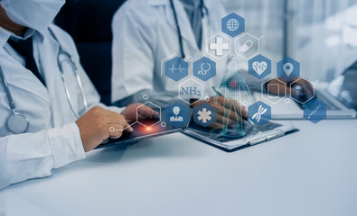 Medicine doctor using digital healthcare and network connection on hologram modern virtual screen interface icons, Medical technology futuristic concept.