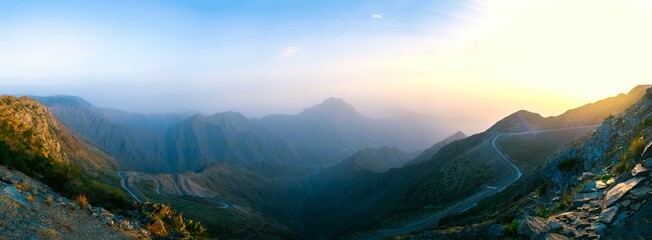 Panorama of a valley of mountains with road (HIGH RESOLUTION)