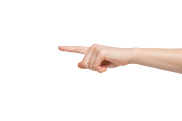 Women's hand points her finger to the side, touch.