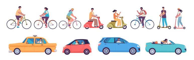 Modern people ride bicycles, scooters and drive cars. Colorful transport vector illustration