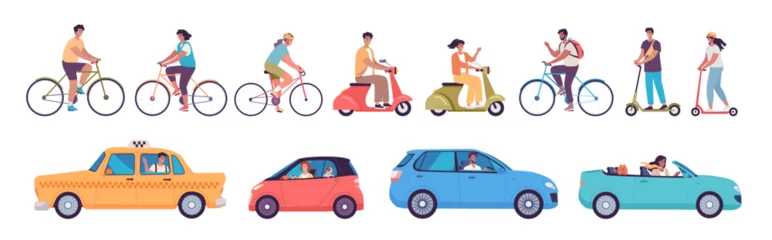 Vlies Fototapete Cartoon-Autos Modern people ride bicycles, scooters and drive cars. Colorful transport vector illustration