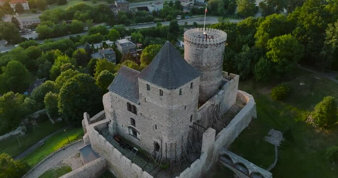 Flight around the Castle in Bedzin at sunset, Upper Silesia, Poland. 