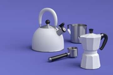 Espresso coffee machine with horn, kettle and geyser coffee maker on violet . - obrazy, fototapety, plakaty
