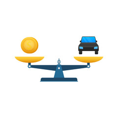 Money vs car vector illustration. Flat icon on white backdrop. Flat vector cartoon money illustration.