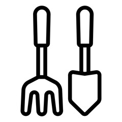 Hand rake and shovel for loosening - icon, illustration on white background, outline style