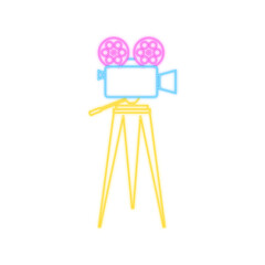 Movie time concept layout with film projector and text area with sample title in retro western font. Neon icon. Vector illustration.