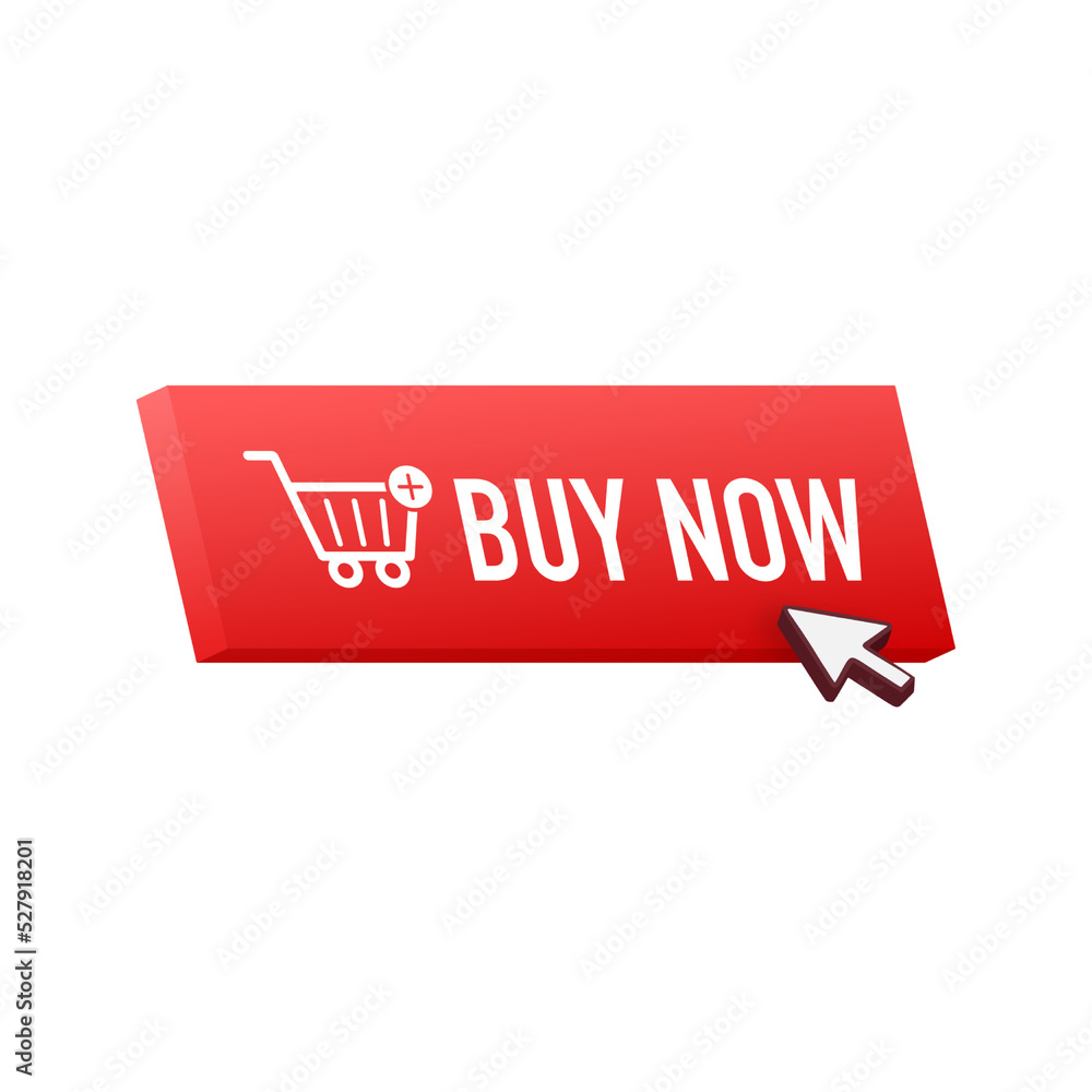 Poster 3d web banner with red buy now button on red background. web banner.