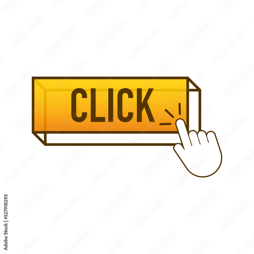 Poster yellow click on white background. digital download. click here vector web button.