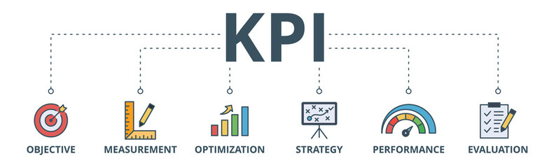 Fototapeta na wymiar KPI banner web icon vector illustration concept for key performance indicator in the business metrics with an icon of objective, measurement, optimization, strategy, performance, and evaluation