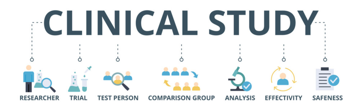 Clinical Study Banner Web Icon Vector Illustration Concept For Clinical Trial Research With An Icon Of Researcher, Trial, Test Person, Comparison Group, Analysis, Effectivity, And Safeness