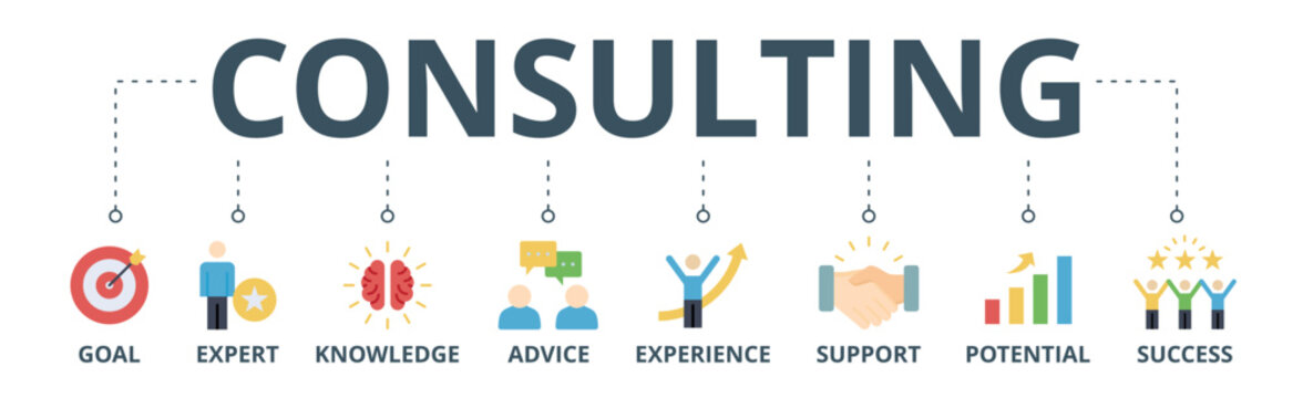 Consulting banner web icon vector illustration concept for business consultation with an icon of goals, expert, knowledge, advice, experience, support, potential, and success