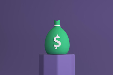 Green money bags icon, money saving concept on purple background. 3d illustration