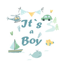 Naklejka premium Gender party illustration. Postcard for a boy. son's birthday.Blue elements, car, helicopter. Decor for a gender party.