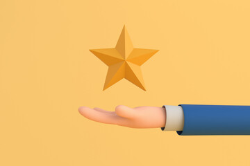  Yellow star on hand. sign of  successful.3d illustration