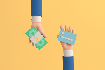 3D banknotes hand holding transfer to credit card for online payment concept on yellow background. 3d illustration