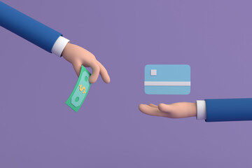  hand holding banknote and credit card for online payment concept. online buying on purple background color. 3d illustration