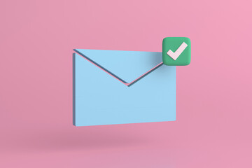 Check mark mail icon. Approvement concept on pink back ground. 3d illustration..