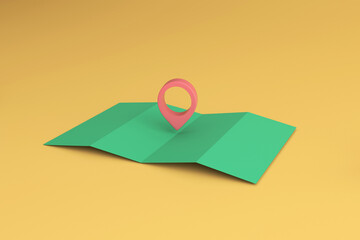 Location pin on map sign in yellow background ,with search concept. 3D illustration.