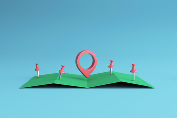 Map with Pin Pointers on blue background. 3d illustration