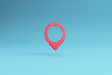 Symbol red pin on blue background. Web location point. 3D illustration.