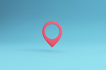 Symbol red pin on blue background. Web location point. 3D illustration.