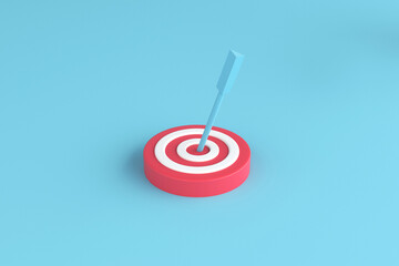 Arrow hit the center of target on blue background. Business target achievement concept.3d illustration
