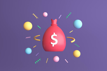 Money bags icon, money saving concept on purple background. 3d illustration